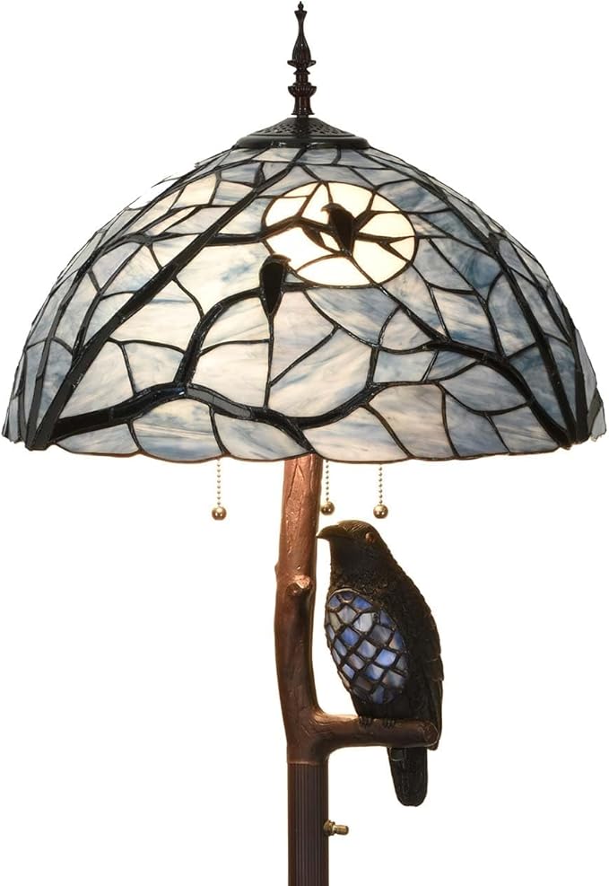 Bieye L10882 Ravens Sitting on Bare Tree Branch Against Full Moon Tiffany Style Stained Glass Floor Lamp with Raven Night Light Double Lit for Halloween Décor, 4-Light, 65 inches Tall (Dark Blue)
