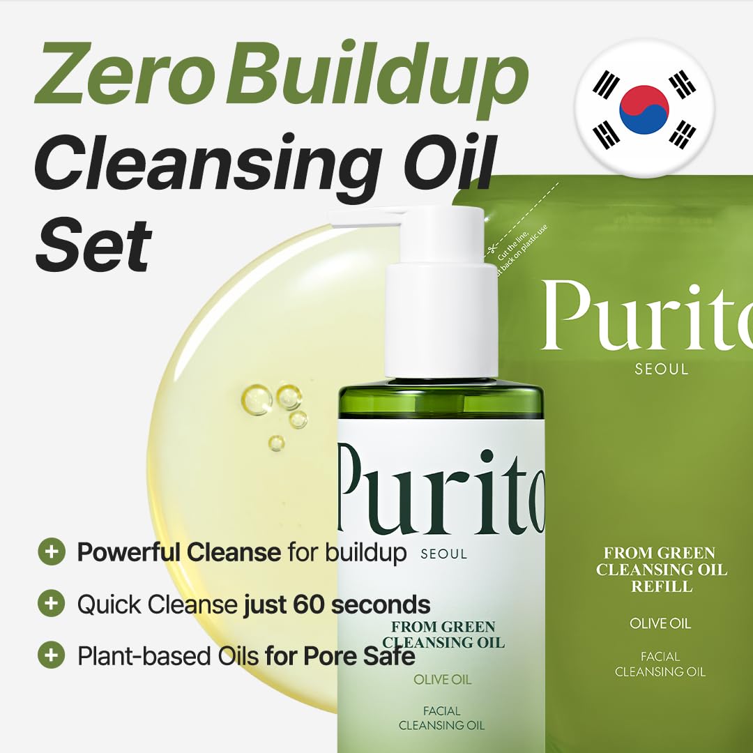PURITO From Green Cleansing Oil Set(Original+Refill), Fragrance-Free, Gentle Vegan Oil Cleanser for Face & Eyes, for Sunscreen & Waterproof Makeup, Cruelty-Free Korean Skin Care 13.52 fl.oz / 400ml