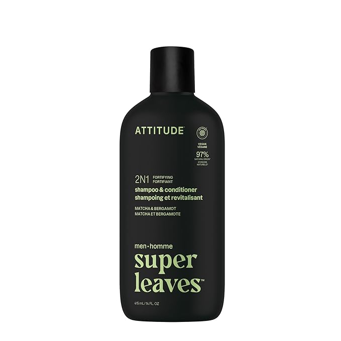 ATTITUDE Men's Shampoo and Conditioner 2-in-1, Fortifying For Fragile Hair, With Caffeine and Green Tea, 97% Natural Origin Ingredients, EWG Verified, Matcha & Bergamot, 14 Fl Oz