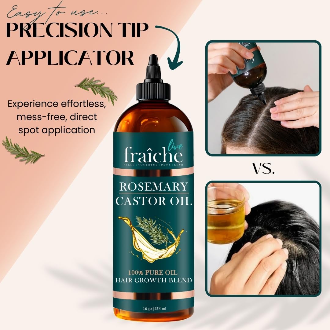Live Fraiche Rosemary Castor Oil for Hair Growth 16oz - Rosemary Oil for Hair Growth and Thickening Pure Blend to Reduce Loss and Promote a Healthy Scalp - Glowelle