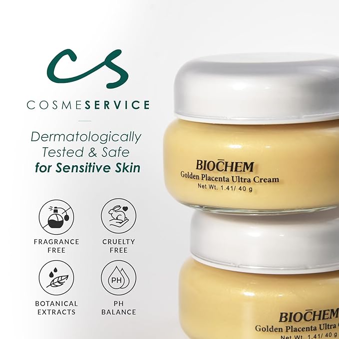 BIOCHEM Golden Placenta Ultra Cream – Anti-Aging Moisturizer w/Placenta Extract for Wrinkles, Fine Lines & Collagen Support, Natural Radiance, Firming, Toning & Hydrating for Face & Neck, 1.41 oz/40g