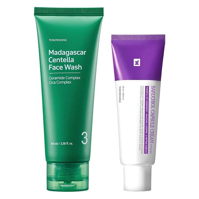TOSOWOONG Gentle Anti-Aging Starter Set - Soothing Madagascar Centella Face Wash + High Purity Bakuchiol Capsule Cream - Retinol Alternative Routine for Sensitive Skin Firming