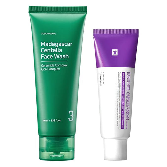 TOSOWOONG Gentle Anti-Aging Starter Set - Soothing Madagascar Centella Face Wash + High Purity Bakuchiol Capsule Cream - Retinol Alternative Routine for Sensitive Skin Firming