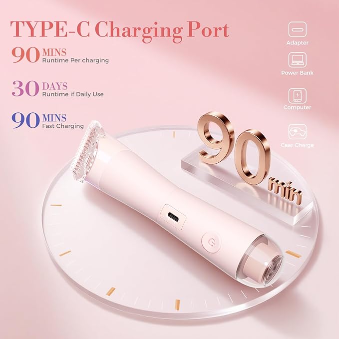 Bikini Trimmer for Women, 2 in 1 Electric Shaver for Women, Pubic Hair Trimmer Waterproof IPX7 with LED, Bikini Razor for Leg Arm Underarm Bikini Area, Pull Bows Gift Box for Friends (Rose Pink)