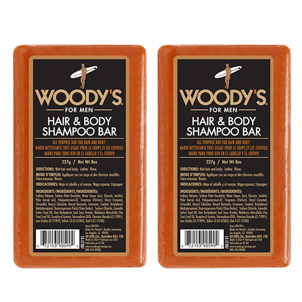 Woody's Hair & Body Shampoo Bar for Men – 2-in-1 Solid Shampoo Bar & Body Wash, Deep Cleansing, Moisturizing, Refreshing Scent, 8 oz, 2 Pack