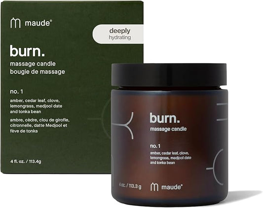 Maude Burn No. 1 - Hydrating + Skin-Softening Soybean + Jojoba Oil Massage Candle - Soothing Warm Massage Oil Candle with Notes of Amber, Lemongrass + Tonka Bean - Relaxing Self Care Gifts (4 oz)