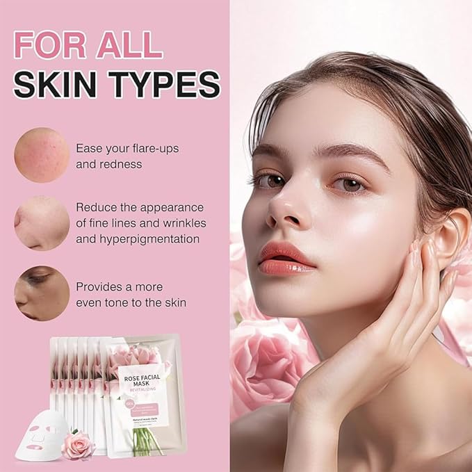 Facial Masks Skincare for Women, Pink Rose Hydrating Face Sheet Masks,Moisturizing Face Mask Suitable for All the Skin,Dry Skin,Face Spa Mask 10 Sheets