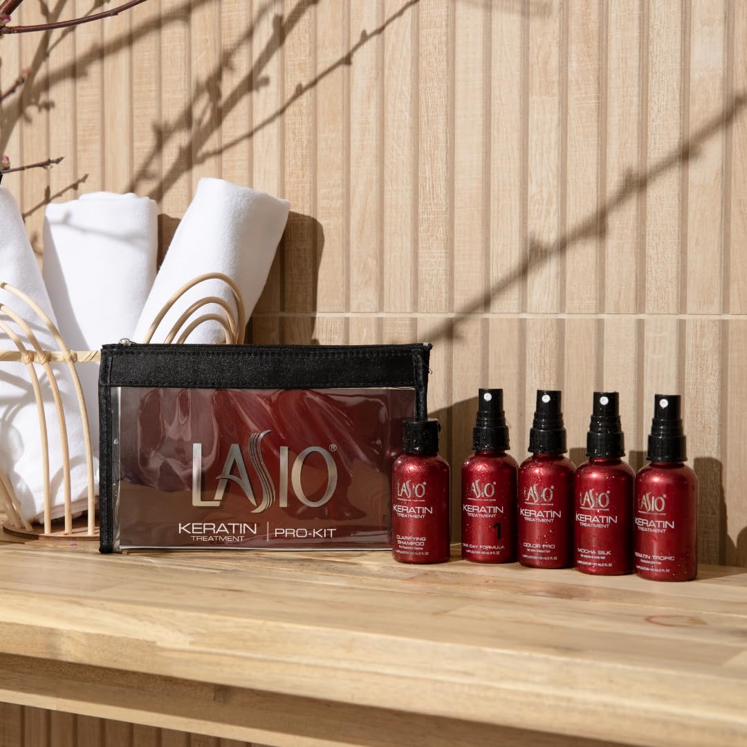 Lasio Pro Keratin Hair Treatment Kit for Salon Use– Includes Keratin Tropic, One Day, Mocha Silk, Color Pro & Hypersilk Clarifying Shampoo (2 Oz Each – Reduces Curls, Eliminates Frizz, Repairs & Shine - Glowelle