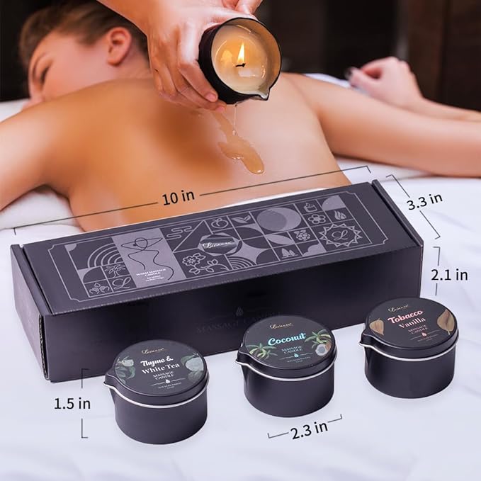 Massage Oil Candle 3 Pack,Coconut Oil Based-Daily Moisturizing Body Oil Relaxing-Natural Therapy Oil Scented Candle-6.9OZ (Coconut, Tobacco Vanilla, Thyme & White Tea)