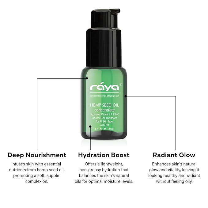 Raya Hemp Seed Facial Oil Serum (529) | for Sensitive and Oily Skin Types, Nourishing, Moisturizing & Revitalizing, Instantly Hydrates Acne-Prone, Vegan & Non-GMO Skincare, Fast-Absorbing - 30 ml