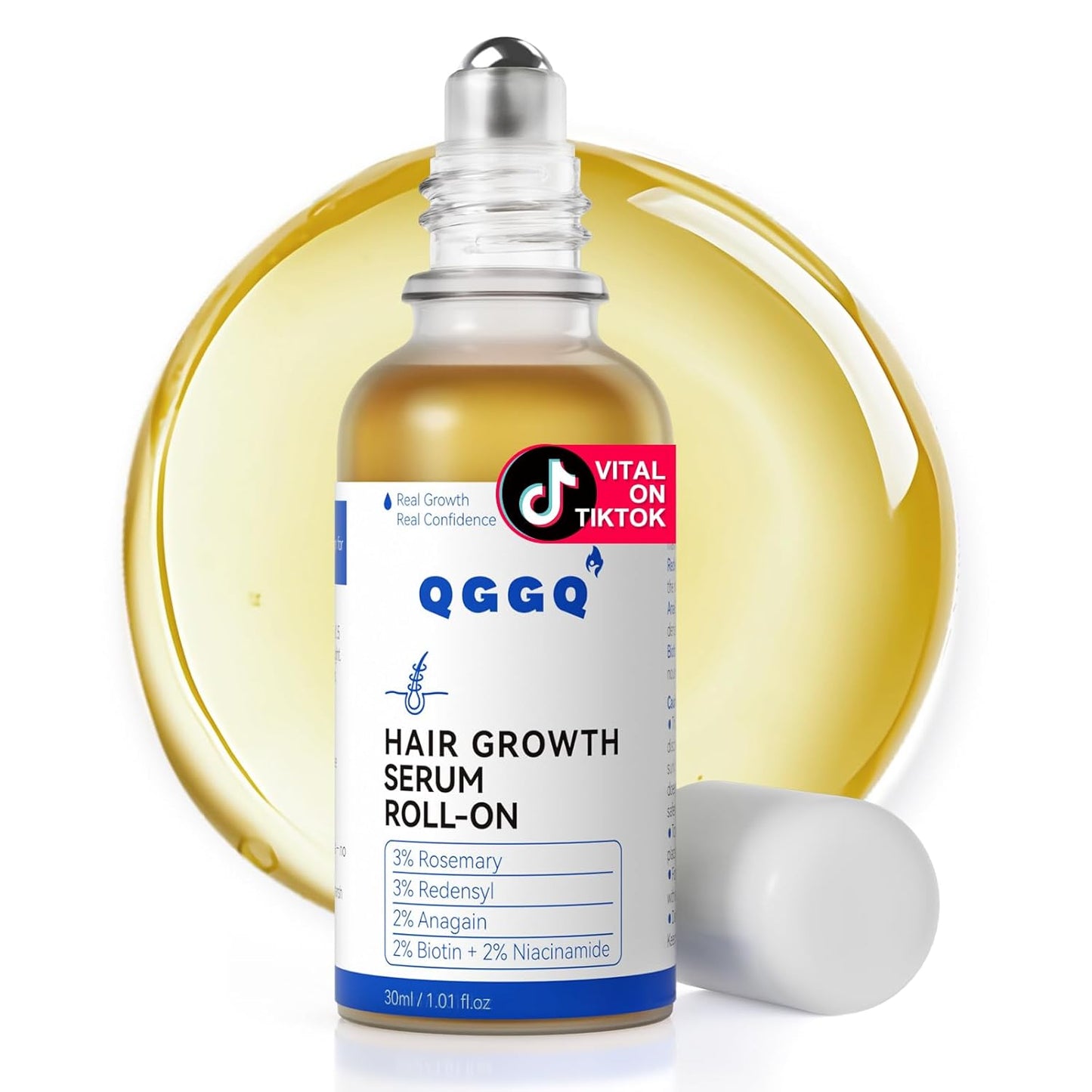 Hair Growth Serum Roll-On 30ml | Patented Blend with 3% Rosemary, 3% Redensyl, 2% AnaGain, Biotin & Niacinamide | No-Rinse, Fast-Absorbing | For Thinning Hair & All Hair Types (1.01 Fl Oz (Pack of 1)) - Glowelle
