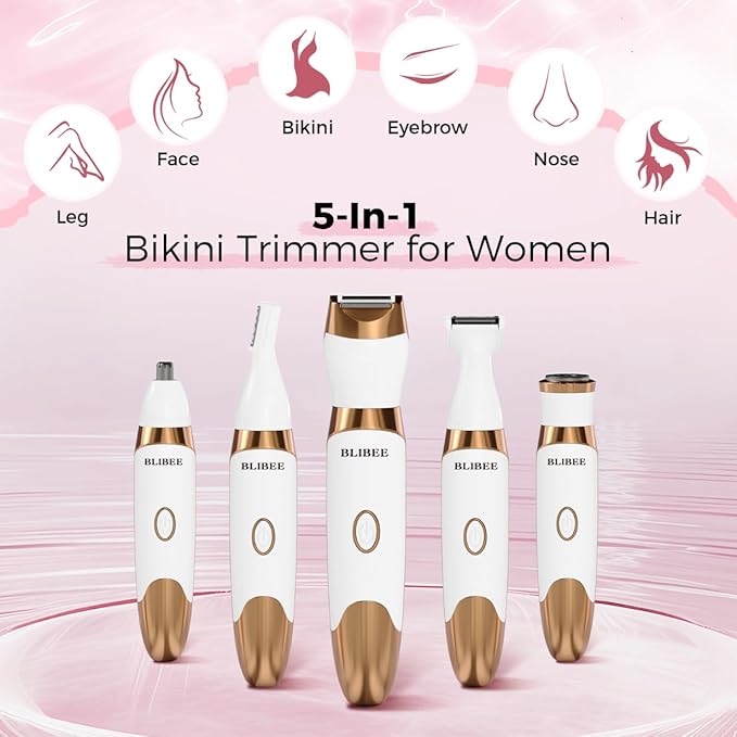 Bikini Trimmer for Women, LED Display Electric Razors for Women, 5-in-1 Electric Shaver, Rechargeable Painless Pubic Hair Trimmer for Legs, Underarms, Face & Sensitive Skin (Gold)