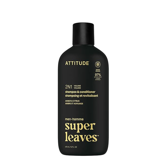 ATTITUDE Men's Shampoo and Conditioner 2-in-1, Volumizing for Thin Hair, With Rosemary and Rice Protein, 97% Natural Origin Ingredients, EWG Verified, Amber & Citrus, 14 Fl Oz