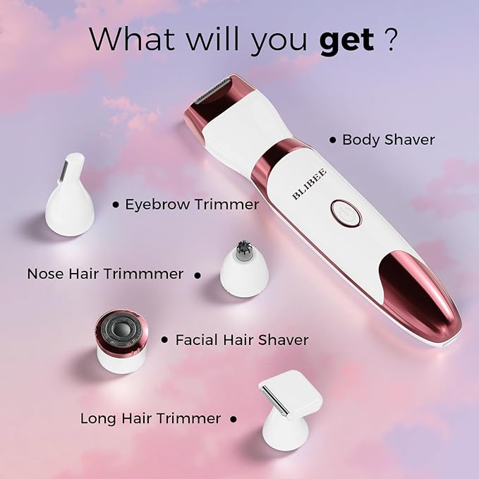 Bikini Trimmer for Women, LED Display Electric Razors for Women, 5-in-1 Electric Shaver, Rechargeable Painless Pubic Hair Trimmer for Legs, Underarms, Face & Sensitive Skin (Purple)