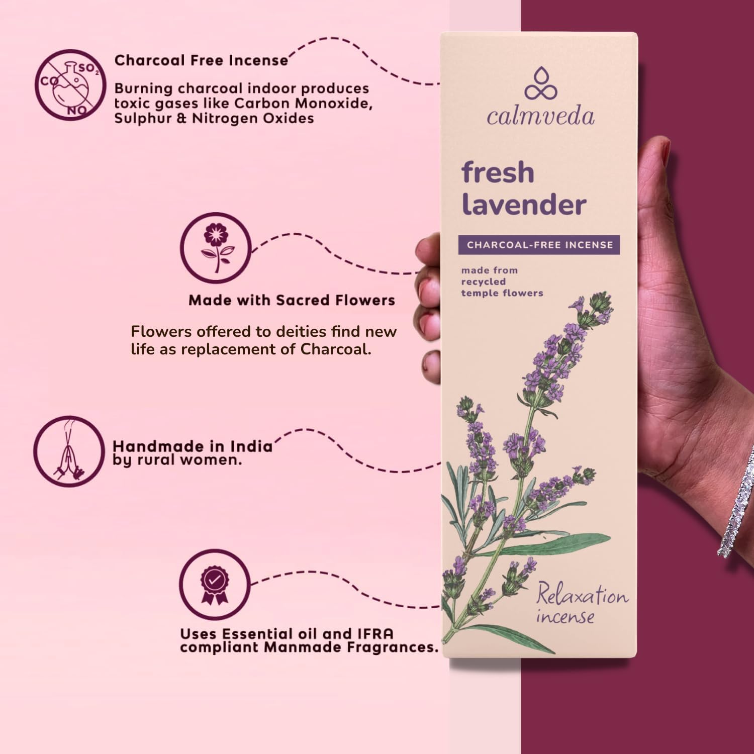 Fresh Lavender Incense for Calming - 80 Charcoal Free Incense Sticks, Made from Upcycled Flowers | Organic Incense Sticks Non Toxic | Use for Relaxation & Improves Sleep - Glowelle
