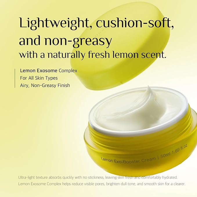 Lemonshot Exo:Booster Cream - 100M Lemon Exosome & Ceramide Panthenol for lightweight Barrier Repair & Glass Skin Glow, Korean Pharmacy Skincare, 1.69 fl oz