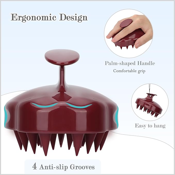 FREATECH Massager Shampoo Brush with Soft Silicone Bristles for Scalp Care, Shower Hair Scalp Scrubber Exfoliator for Dandruff Removal and Hair Growth, Wet & Dry for Men, Women and Kids, Red