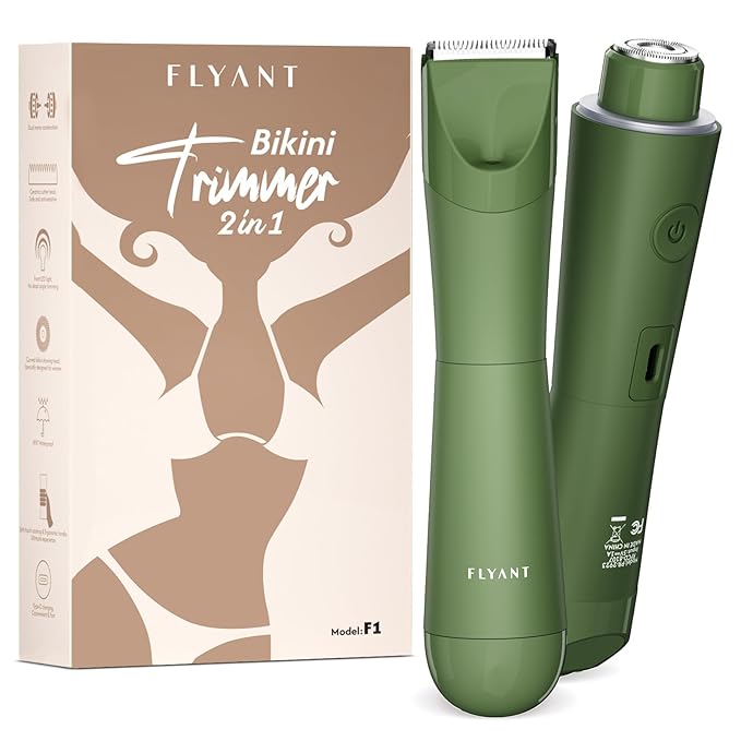 Flyant Bikini Trimmer for Women, 2 in 1 Electric Shaver for Women, Pubic Hair Trimmer Waterproof IPX7 with Led Display for Leg Arm Underarm Bikini Area, Pull Bows Gift Box for Friends (Dark Green)