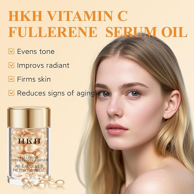 Vitamin C Face Serum Oil - HKH Vit C with Vitamin E Serum Capsules - Evens Skin Tone & Reduces Fine Lines Skincare - 48 Travel-Friendly Capsules for Smoothing Moisturizing Skin - with Mini Scissors
