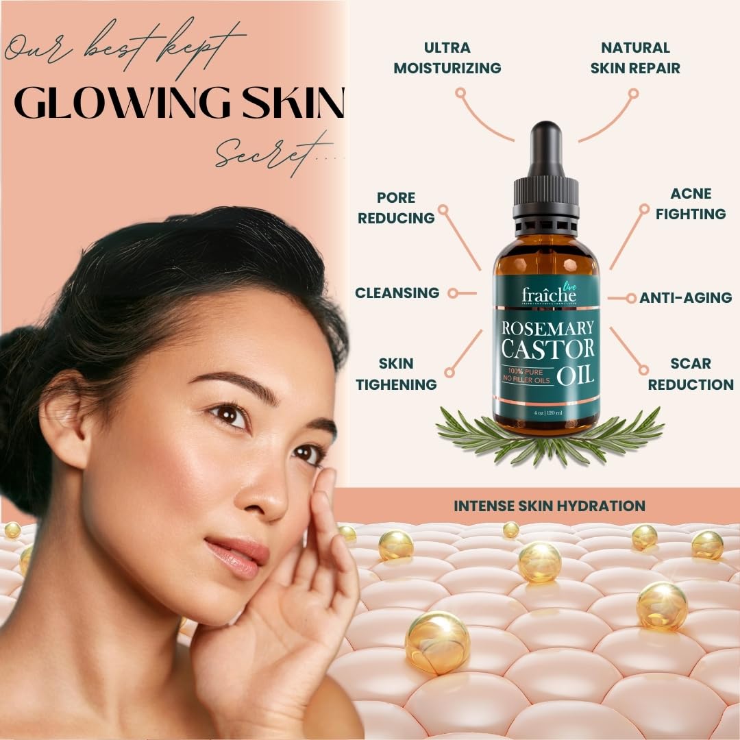 Live Fraiche Rosemary Castor Oil for Hair Growth 4 Ounce - Cold Pressed Castor Oil and Rosemary Oil for Damaged Hair to Reduce Hair Loss - Glowelle