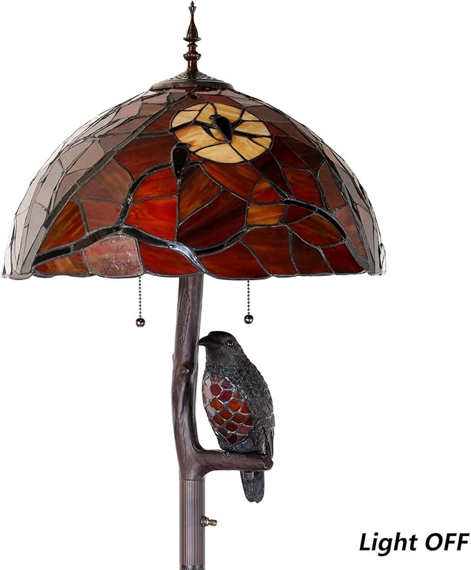Bieye L10936 Ravens Sitting on Bare Tree Branch Against Full Moon Tiffany Style Stained Glass Floor Lamp with Raven Night Light Double Lit for Halloween Décor, 4-Light, 65 inches Tall (Black Red)
