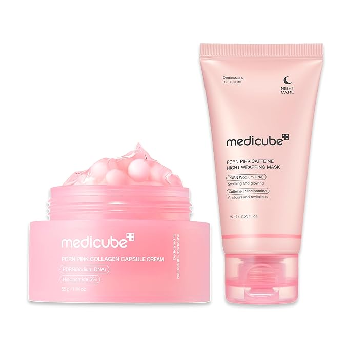 medicube PDRN Pink Shimmer Duo: Salmon DNA Pink Collagen Capsule Cream and PDRN Caffiene Overnight Wrapping Peel Off Facial Mask