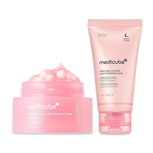 medicube PDRN Pink Shimmer Duo: Salmon DNA Pink Collagen Capsule Cream and PDRN Caffiene Overnight Wrapping Peel Off Facial Mask