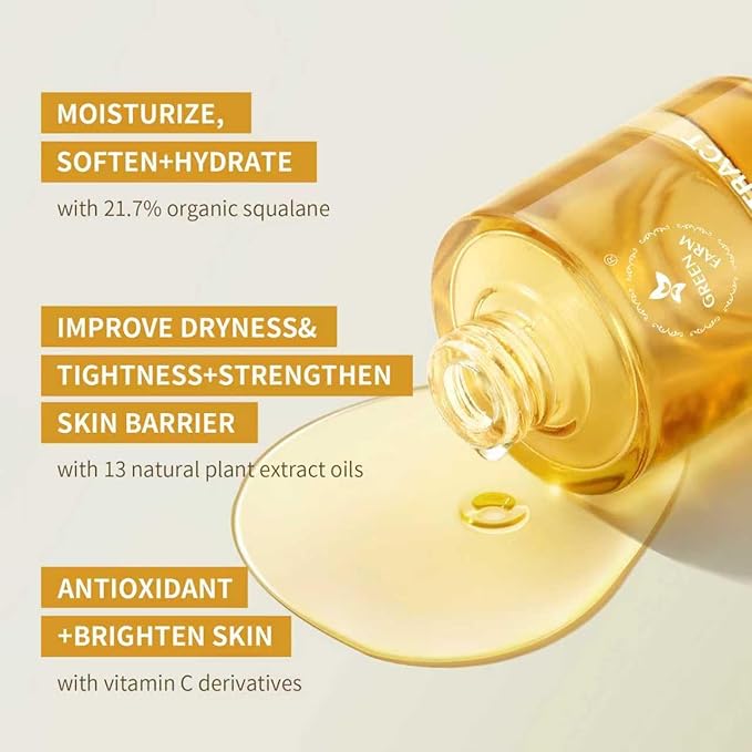 Face Oil with 21.7% ECOCERT Organic Squalane & Vitamin C - Plant-Based, Non-Greasy Facial Oil for Dry, Sensitive Skin - Anti-Aging, Brightening, Gua Sha Oil, 1 fl oz