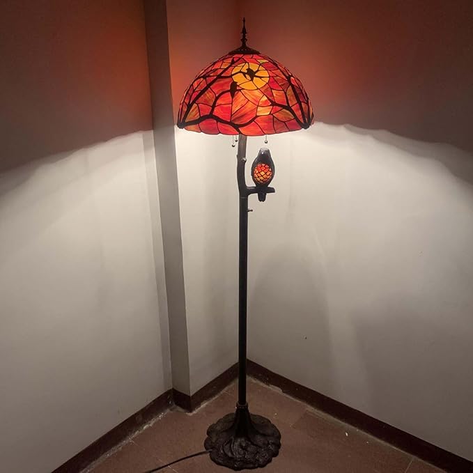 Bieye L10936 Ravens Sitting on Bare Tree Branch Against Full Moon Tiffany Style Stained Glass Floor Lamp with Raven Night Light Double Lit for Halloween Décor, 4-Light, 65 inches Tall (Black Red)