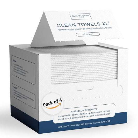 Clean Skin Club Clean Towels XL®, 100% USDA Biobased Face Towel, Disposable Face Towelette, Eczema Association Accepted, Makeup Remover Dry Wipes, Ultra Soft, 50 ct per pack, 4 Packs, 200 Ct Total