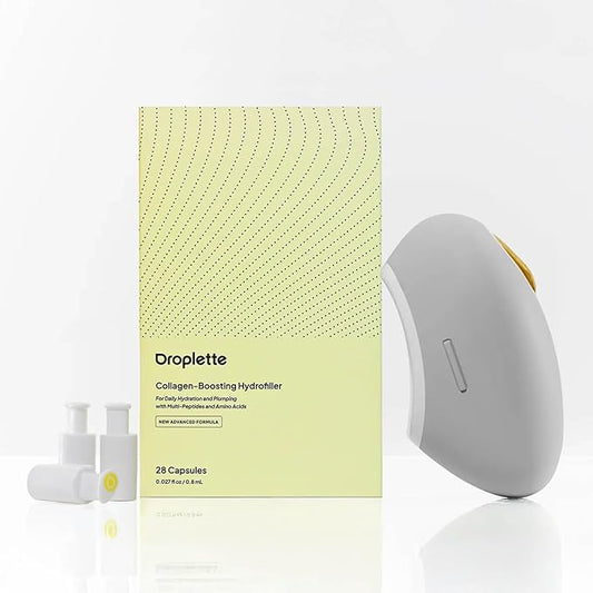 Droplette Ultra Starter Set – Patented Micro-Infuser Skincare Device with Collagen Hydrofiller Capsules for Hydration & Plumping – Dove Grey Device with 28 Single-Use Capsules
