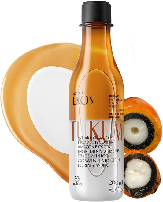 natura - Ekos Tukumã Biphase Shower Oil - Replenishing In-Shower or Bath Body Oil - Anti-Signs - Scented - Bath Oil - Skin Moisturizer - Vegan Skin Care - Brazilian Beauty Secrets - 6.7 fl oz (200ml)