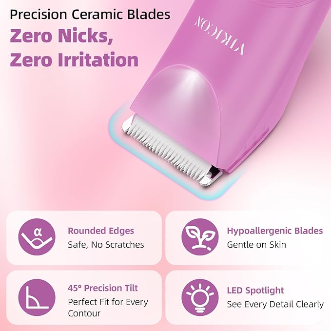 VIKICON Pubic Hair Trimmer Women: Flawless Bikini Trimmer for Women - Waterproof Electric Razor Shaver w/Light for Body Leg Hair Grooming, No Nick Lady's Intimate Shaver - Gifts for Her