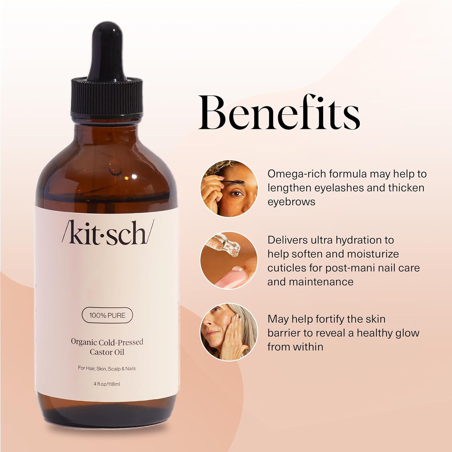 Kitsch Organic Castor Oil for Hair Growth - 100% Pure Castor Oil, Organic Cold Pressed Unrefined Glass Bottle for Face, Skin, Lashes, Brows, Scalp, Nails & Belly Button - Hexane Free, USDA - 4 oz