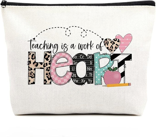 fkovcdy Teacher Makeup Bag & Gifts - Daycare & Funny Birthday/Christmas Gift Toiletry Bag Zipper Pouch - Teaching is a Work of Heart