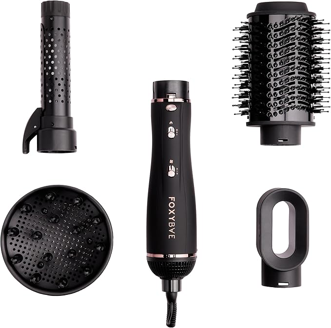 Foxybae Super Styler – 4-in-1 Blow-Dryer Brush Set - Diffuser, Blowout-Brush, 1.25” Curling Barrel & Drying Cylinder - Voluminous, Frizz-Free Hair - Dryer, Straightener & Curler (Black Rose-Gold)