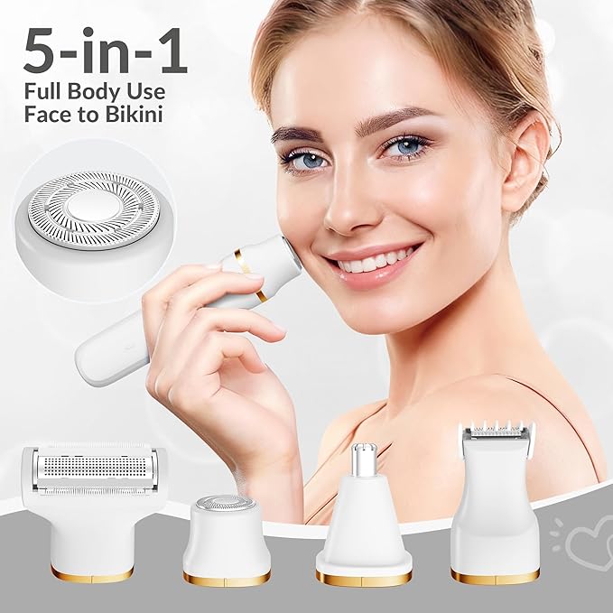 KINGTEE 5-in-1 Electric Bikini Trimmer for Women – IPX7 Waterproof Shaver, Cordless Body & Facial Razors for Women, Ceramic Blades, USB-C Rechargeable, Painless Hair Removal Kit (White)