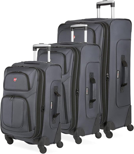 SwissGear Sion 3-Piece Set, Softside Expandable Luggage – 21 Inch Carry-On & 25 & 29 Inch Checked Suitcases with 360 Degree Wheels & Retractable Handless – Dark Gray