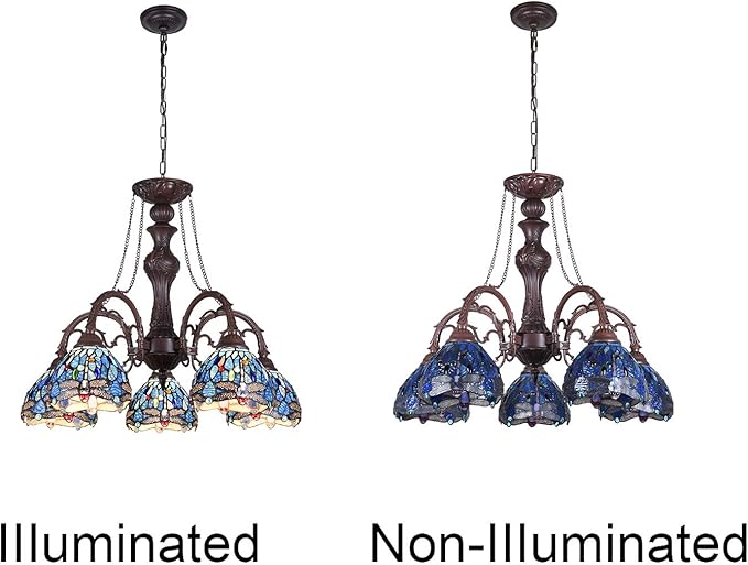 Capulina Tiffany Lamp Stained Glass Pendant Light Chandelier 5-Light Antique Blue Dragonfly Tiffany Style Hanging Lamp Decor for Living Romm Dining Room Kitchen Foyer Home Office