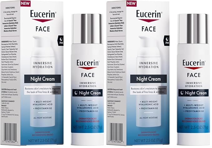 Eucerin Face Immersive Hydration Night Cream with Hyaluronic Acid and Provitamin B5,Ultra-Lightweight Face Moisturizer Smooths Fines Lines and Wrinkles,2.5 Oz Bottle,(Pack of 2)