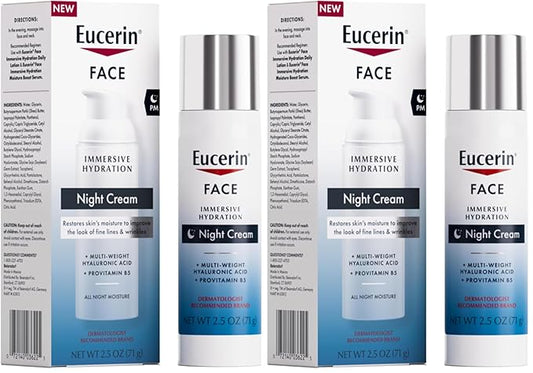 Eucerin Face Immersive Hydration Night Cream with Hyaluronic Acid and Provitamin B5,Ultra-Lightweight Face Moisturizer Smooths Fines Lines and Wrinkles,2.5 Oz Bottle,(Pack of 2)