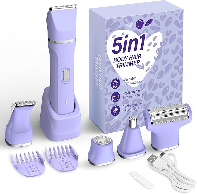 KINGTEE 5-in-1 Electric Bikini Trimmer for Women – IPX7 Waterproof Shaver, Cordless Body & Facial Razors for Women, Ceramic Blades, USB-C Rechargeable, Painless Hair Removal Kit (Purple)