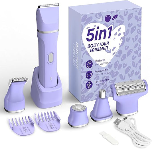 KINGTEE 5-in-1 Electric Bikini Trimmer for Women – IPX7 Waterproof Shaver, Cordless Body & Facial Razors for Women, Ceramic Blades, USB-C Rechargeable, Painless Hair Removal Kit (Purple)