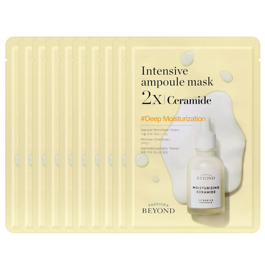 BEYOND Intensive Ampoule Mask 2X Ceramide for Hydrating and Moisturizing Care for Dry and Sensitive Skin - Hypoallergenic Facial Sheet Masks for Intensive Skin Hydration (25ml/0.85fl oz* 10 sheets)