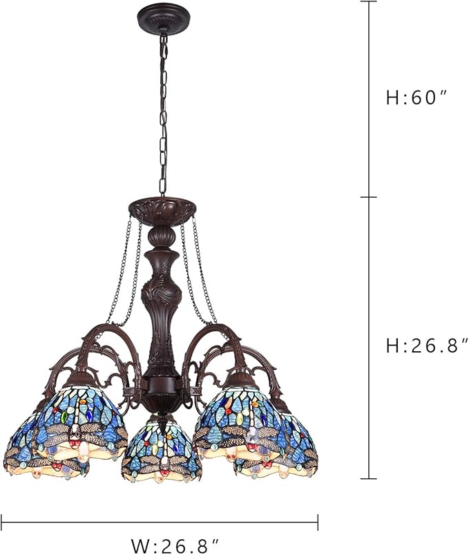 Capulina Tiffany Lamp Stained Glass Pendant Light Chandelier 5-Light Antique Blue Dragonfly Tiffany Style Hanging Lamp Decor for Living Romm Dining Room Kitchen Foyer Home Office