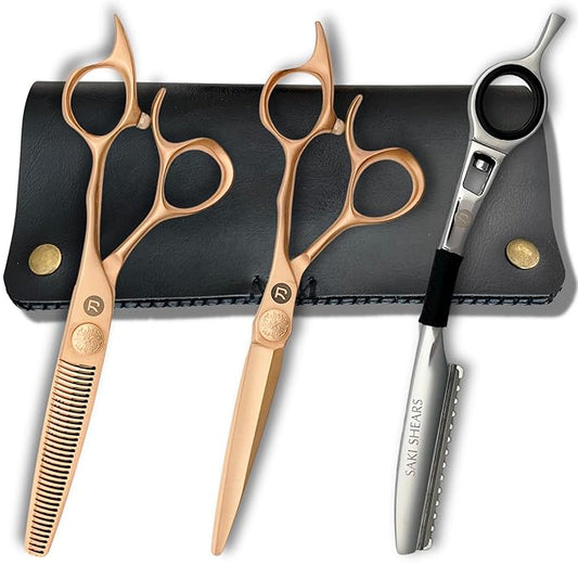 Saki Gold Professional Set of Hair Shears - 6 Inch Set Includes Gold Hair Scissors, Thinning Shears and Razor and Leather Carrying Case