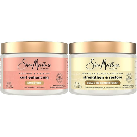 SheaMoisture Leave-In Conditioner Bundle, Coconut & Hibiscus Curl Enhancing Smoothie for Curly Hair, Frizz Control + Jamaican Black Castor Oil Strengthen & Restore for Hair Repair