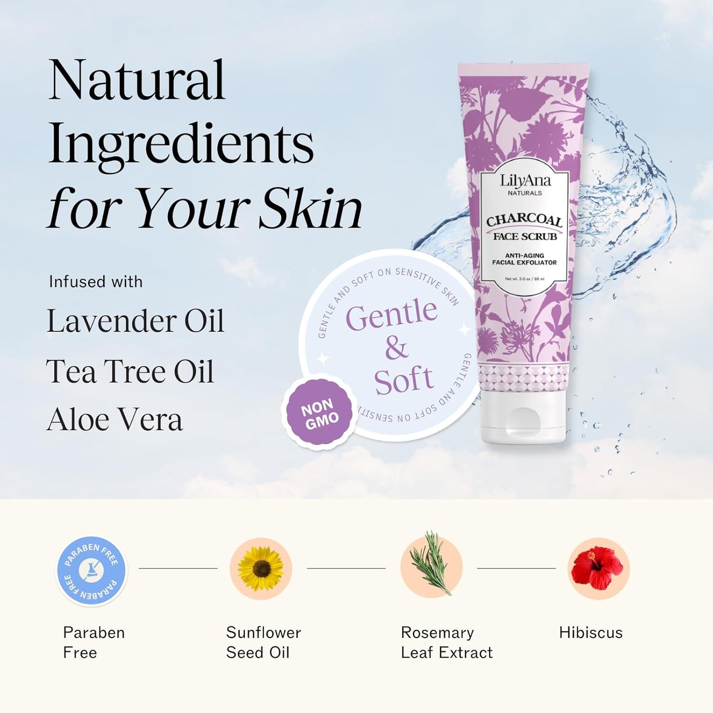 LilyAna Naturals Charcoal Face Scrub - Facial Exfoliator - Microdermabrasion Scrub - Facial Skin Care Products for Women and Men - Lavender and Tea Tree Oil - 3oz