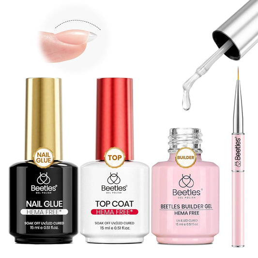 Beetles 4Pcs HEMA-Free Nail Extension Kit, 15ml Gel Nail Glue, No Wipe Top Coat, Builder Nail Gel & Liner Brush, Long Lasting for Clear Press-On Nails, DIY Home Gift for Women, U V Light Required