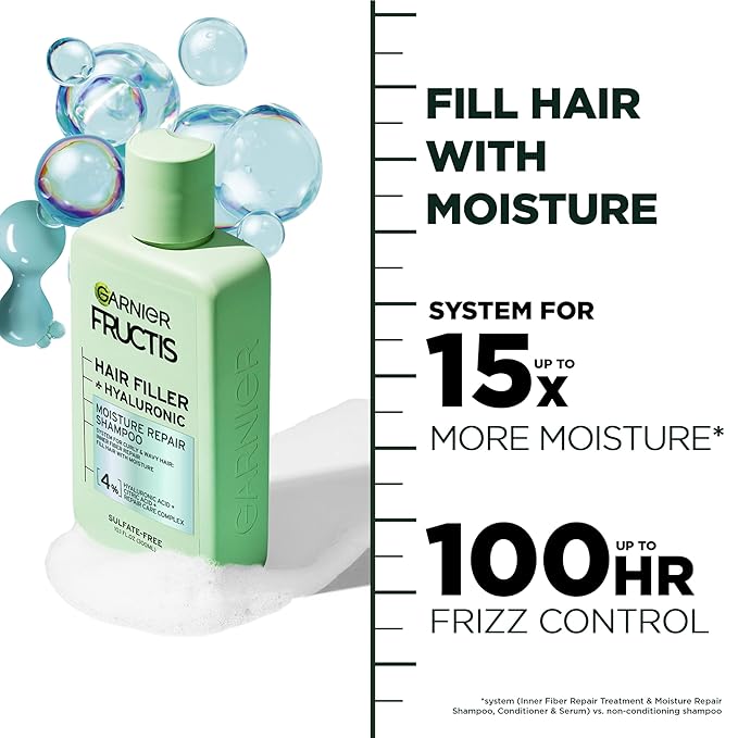 Garnier Fructis Hair Filler Moisture Repair Shampoo and Conditioner + Gel-Cream Set, Hair Care for Curly, Wavy Hair with Hyaluronic Acid, 3 Items, 1 Kit
